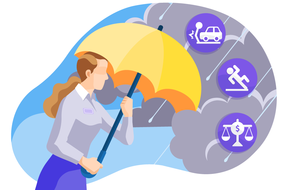 Woman holding umbrella in a storm with icons of auto collision, falling, and scales of justice.