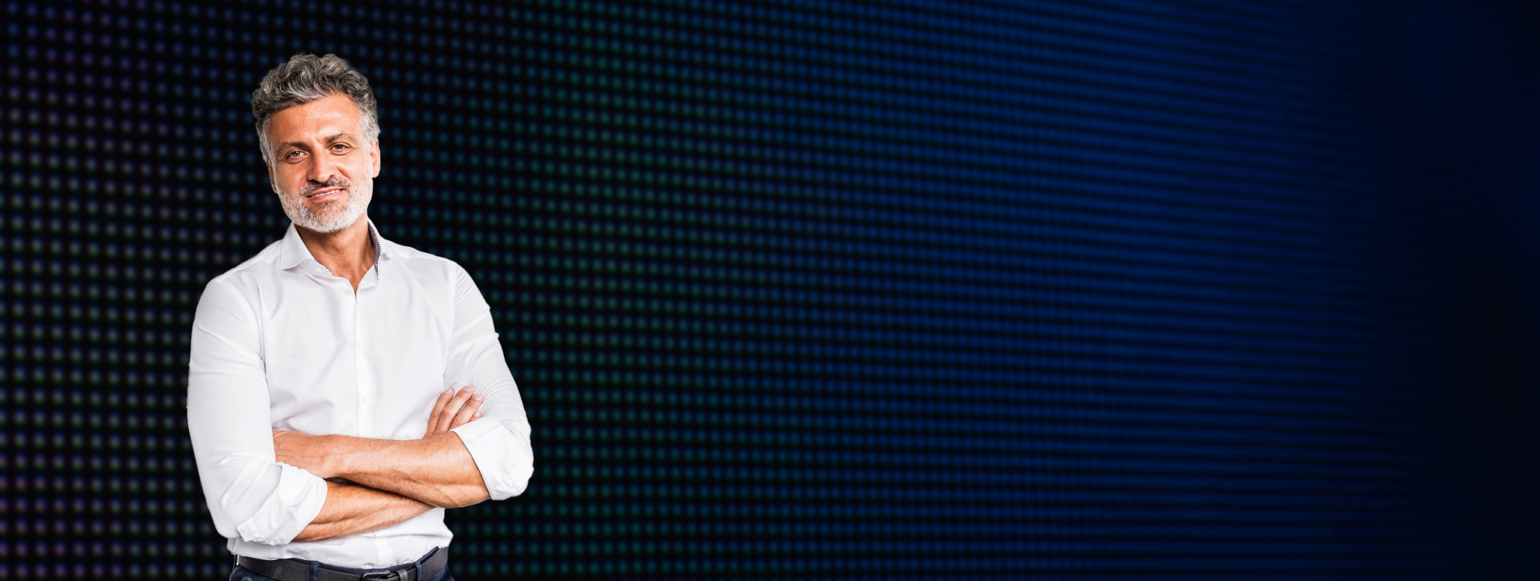 Small business owner standing in front of a computer-generated background.