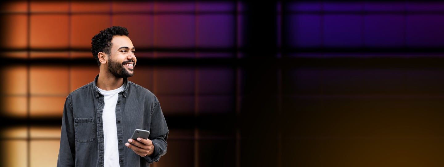 Small business owner standing in front of a computer-generated background. Small business owner standing in front of a computer-generated background.