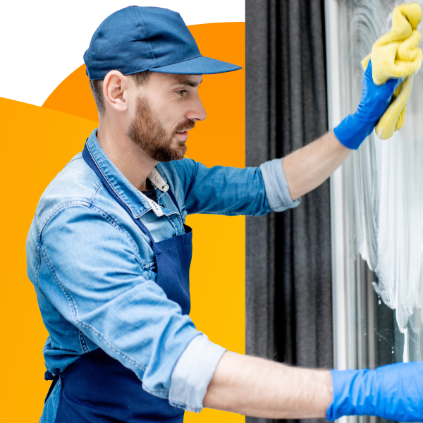 Cleaning professional washing a window.