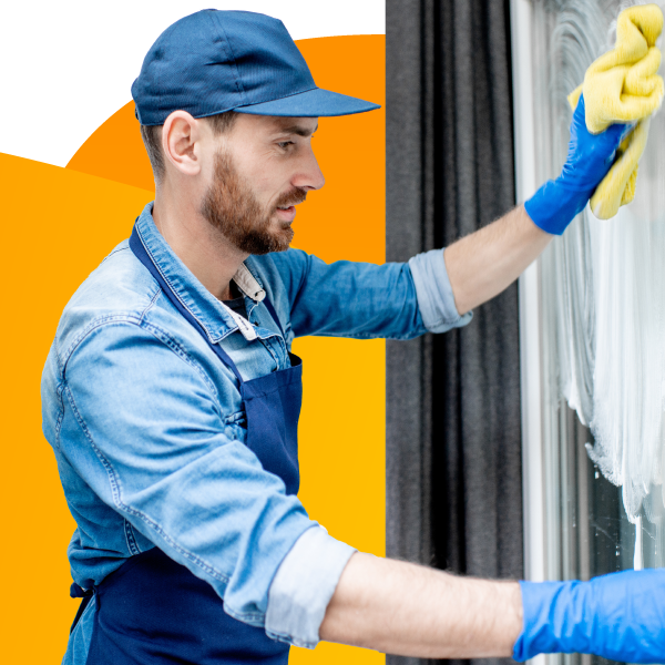 Cleaning professional washing a window.