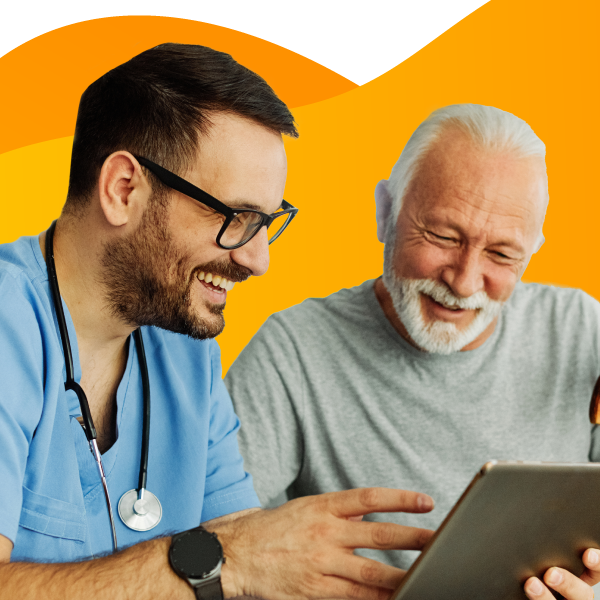 Caregiver looking at medical chart with patient.