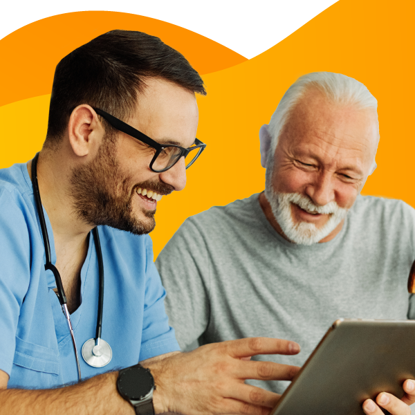 Caregiver looking at medical chart with patient.