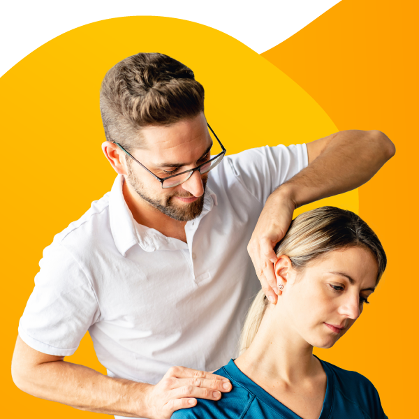 A chiropractor makes an adjustment to a patient's neck.
