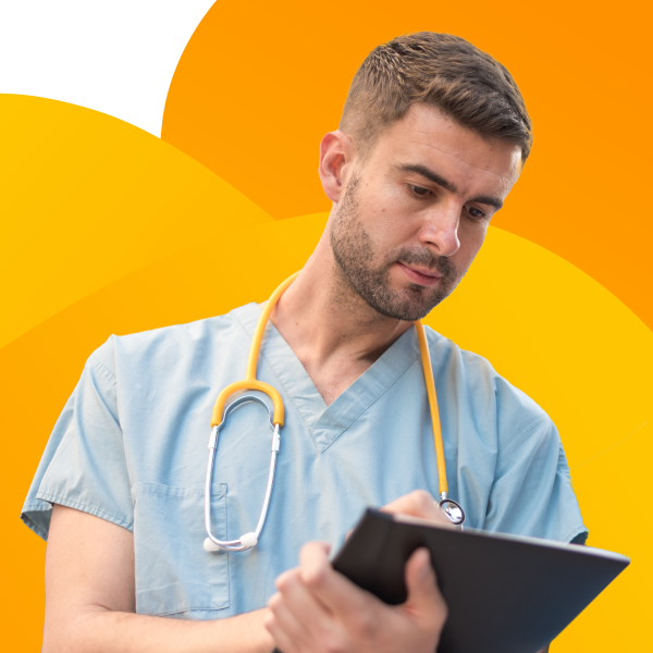 Nurse writing on medical chart.