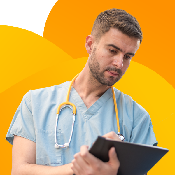 Nurse writing on medical chart.