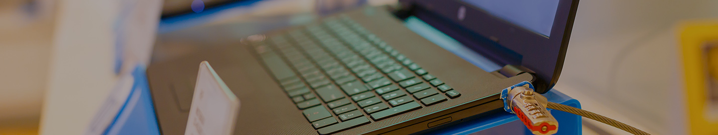 Laptops on display at a computer retail store.