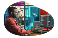 Data architect reviewing programming code on a computer.