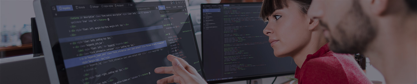 Two software developers looking at code on a monitor.