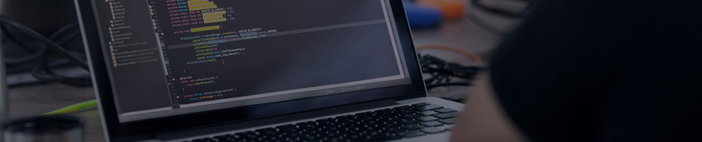 Web developer coding on laptop.