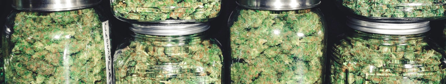 Jars of cannabis on display at a dispensary.