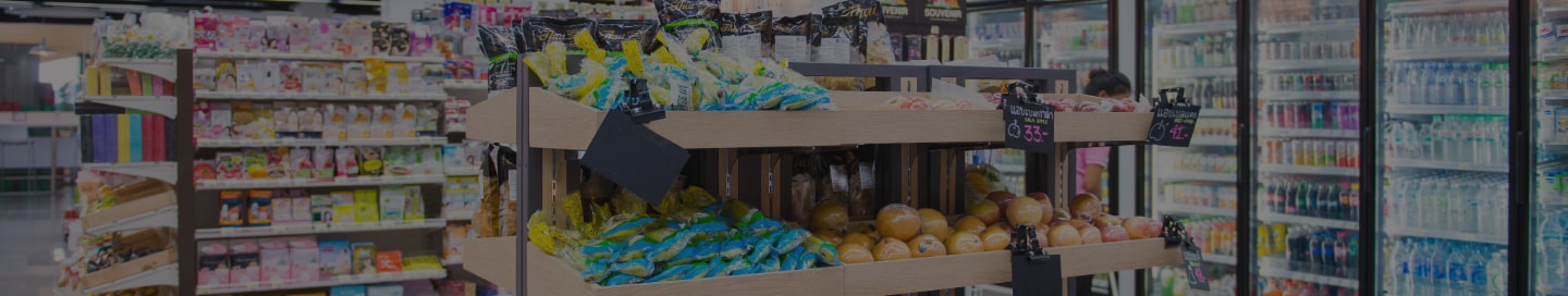 Convenience store shelves stocked with goods